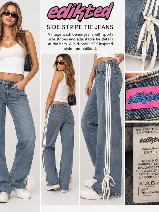 Edikted Denim - Edikted Side Stripe Tie Jeans - Vintage Wash Blue